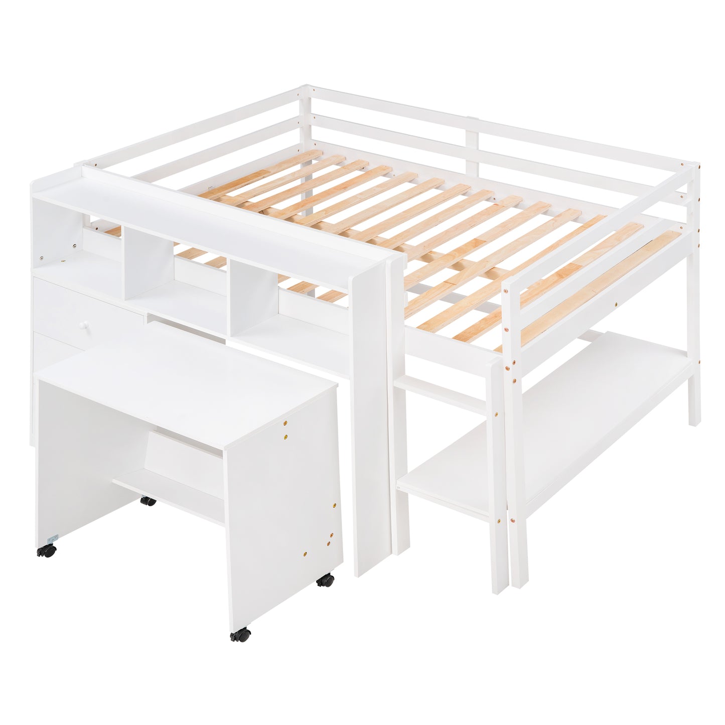 Full Size Low Loft Bed with Rolling Portable Desk, Drawers and Shelves, White