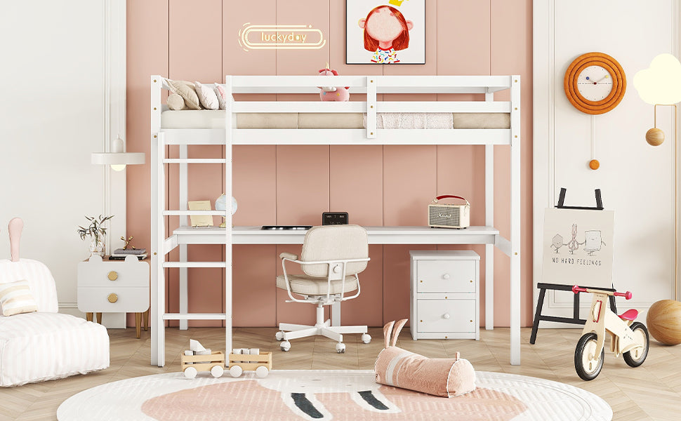 Twin Loft Wood Bed with Built-In Desk, Storage Cabinet, Guardrails, and Ladder, White Finish