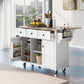 Kitchen trolley with rubber wood leaf countertop, 5-wheel kitchen island, storage cabinet and 3 dining drawers, white