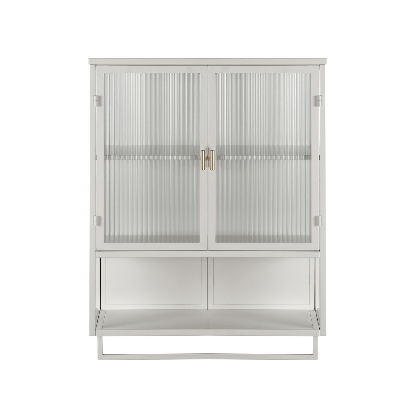 Glass Doors Modern Two-door Wall Cabinet with Featuring Two-tier Enclosed Storage an Open Shelf and Towel Rack