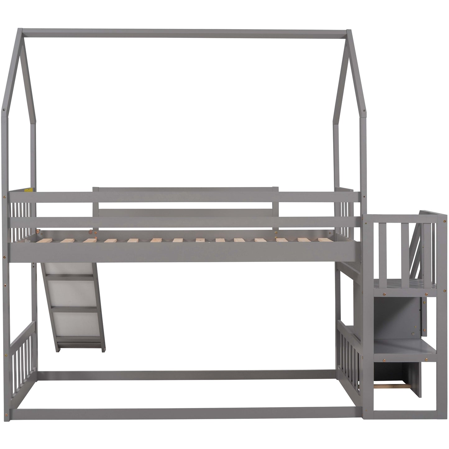 Twin over Twin House Bunk Bed with Convertible Slide and Storage Staircase, Gray Finish