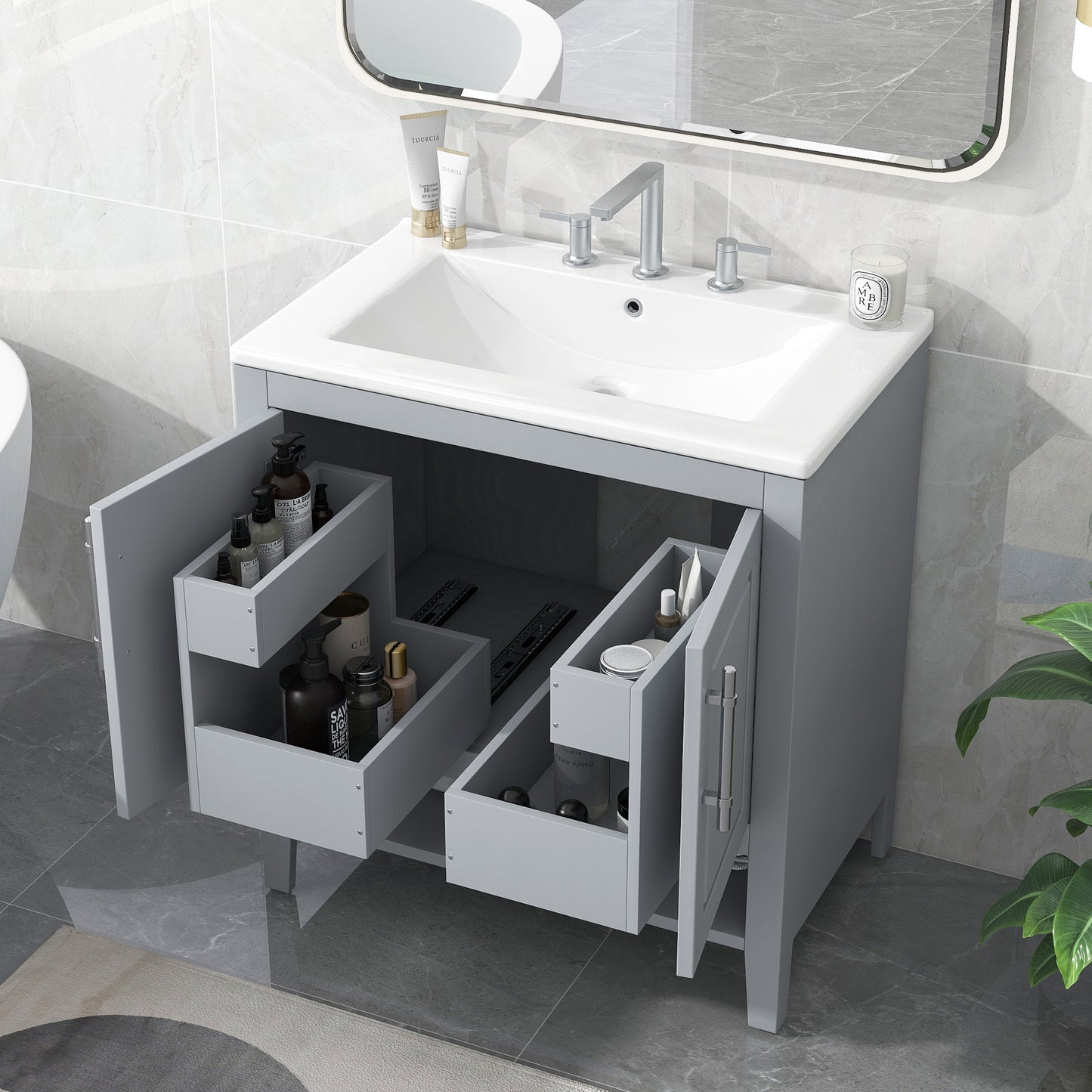 Bathroom Vanity with Sink, Multi-functional Bathroom Cabinet with Doors and Drawers, Solid Frame and MDF Board, Grey