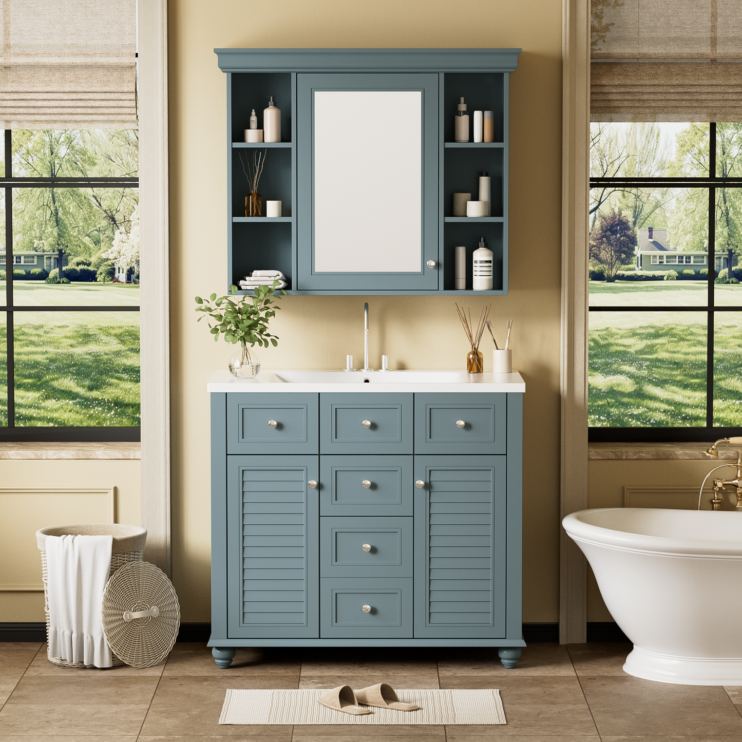 36" Modern Mirror Cabinet with Adjustable Shelves, 2 Soft-Closing Doors, and 6 Drawer Organizers