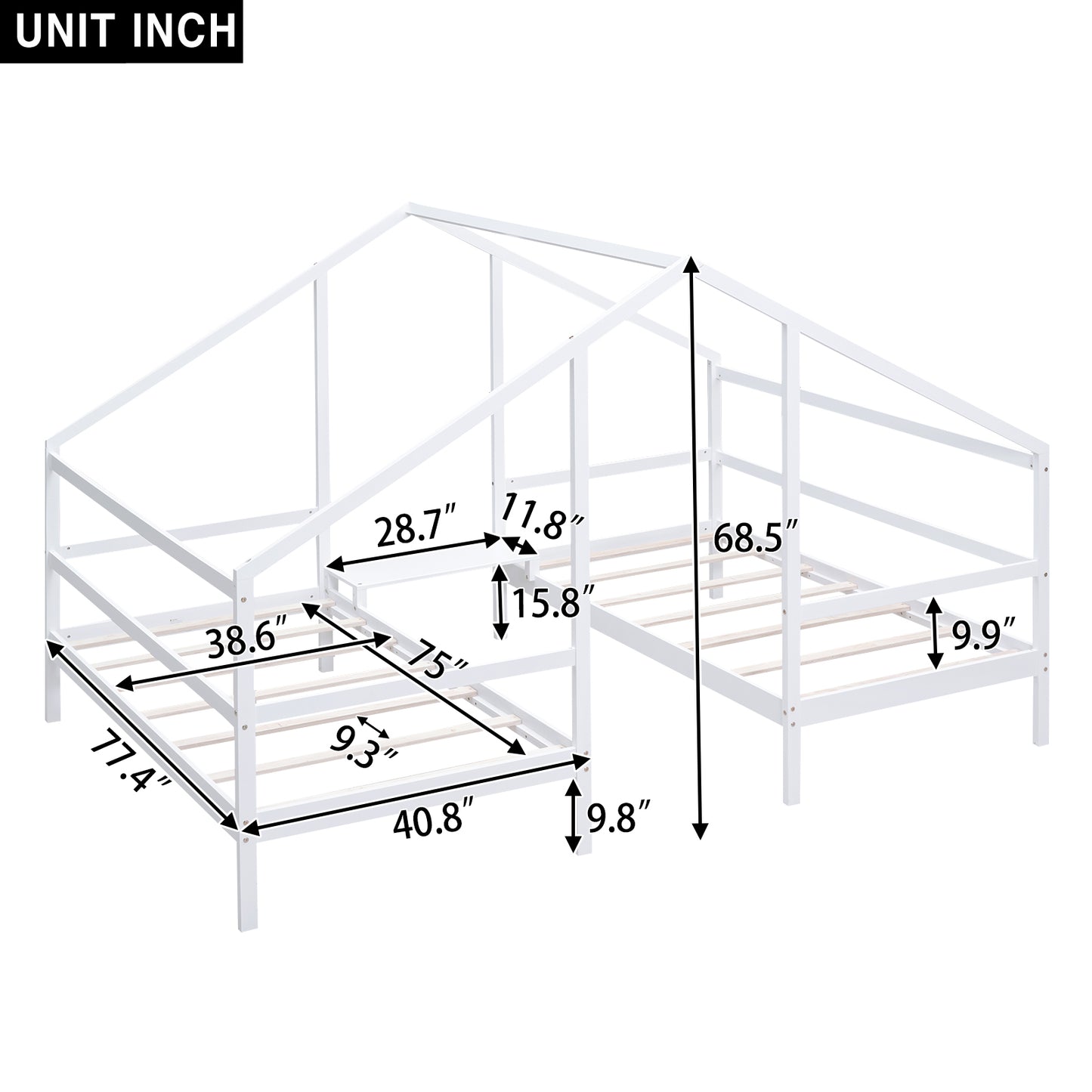 Double Twin Size Triangular House Beds with Built-in Table White