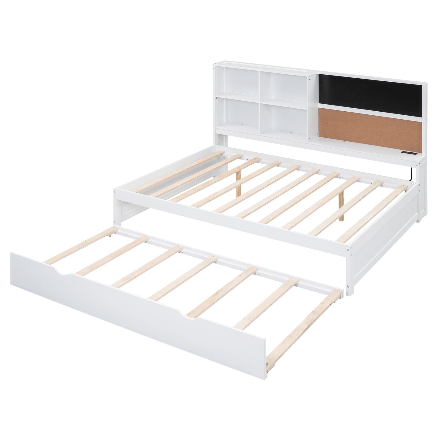 Full Size Daybed with Storage Shelves, Blackboard, Cork board, USB Ports and Twin Size Trundle  White