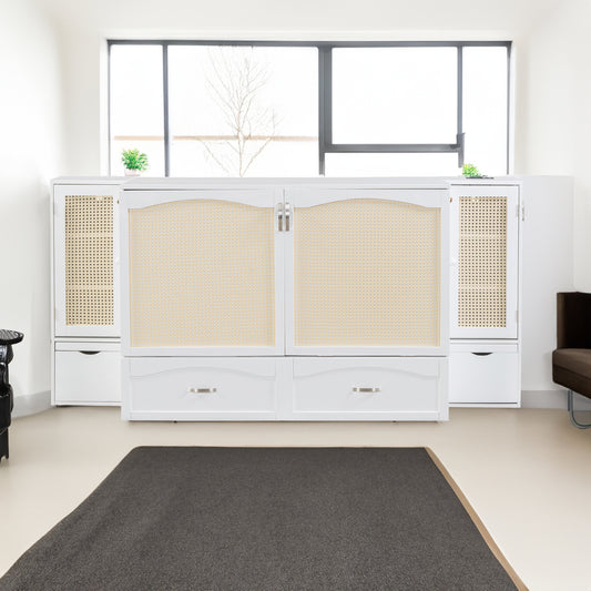 Large Murphy Bed Wall Bed with Drawers, Storage Cabinets, and USB Ports, White Finish