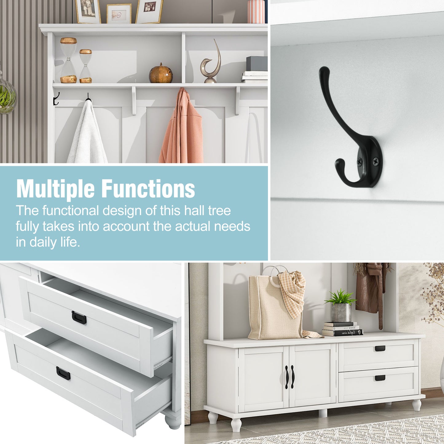 ON-TREND Modern Hall Tree with Storage Cabinet, 2 Large Drawers, and 5 Coat Hooks, White