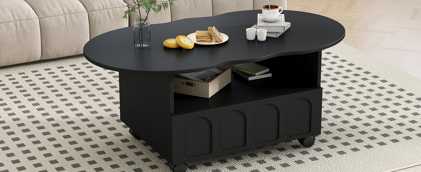 ON-TRANS flexible cream style coffee table with 2 brake wheels, drawers, large storage space,black, 39.37 '' x 23.6 ''