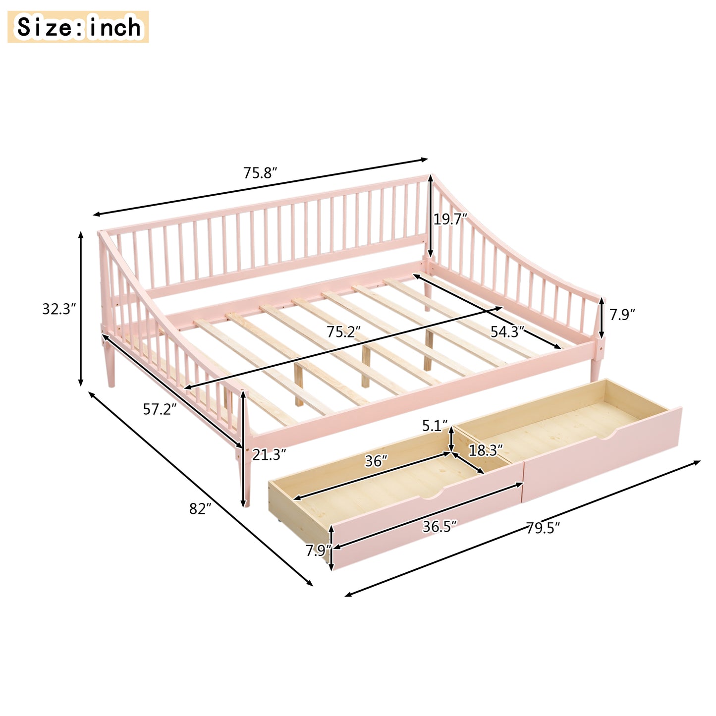 Full Size Daybed with Two Storage Drawers and Support Legs Pink