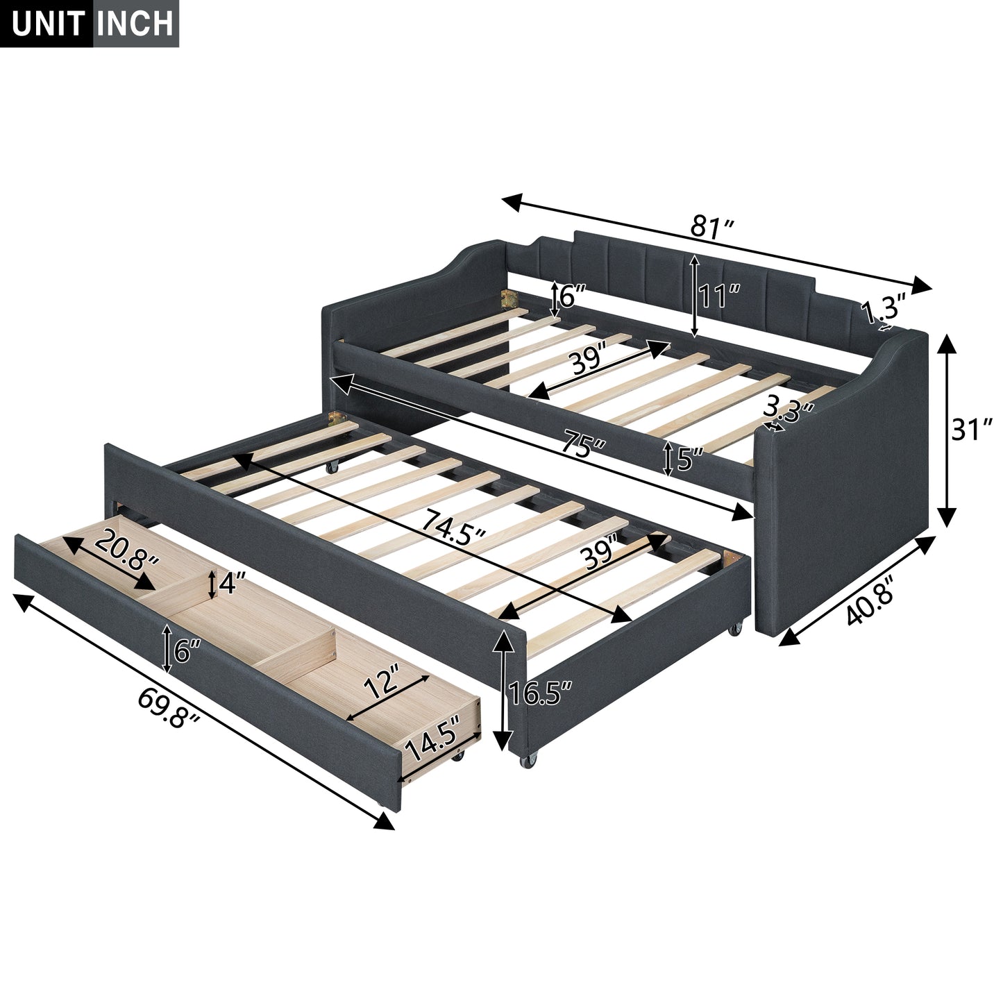 Twin Size Upholstered Daybed with Trundle and Three Drawers Grey