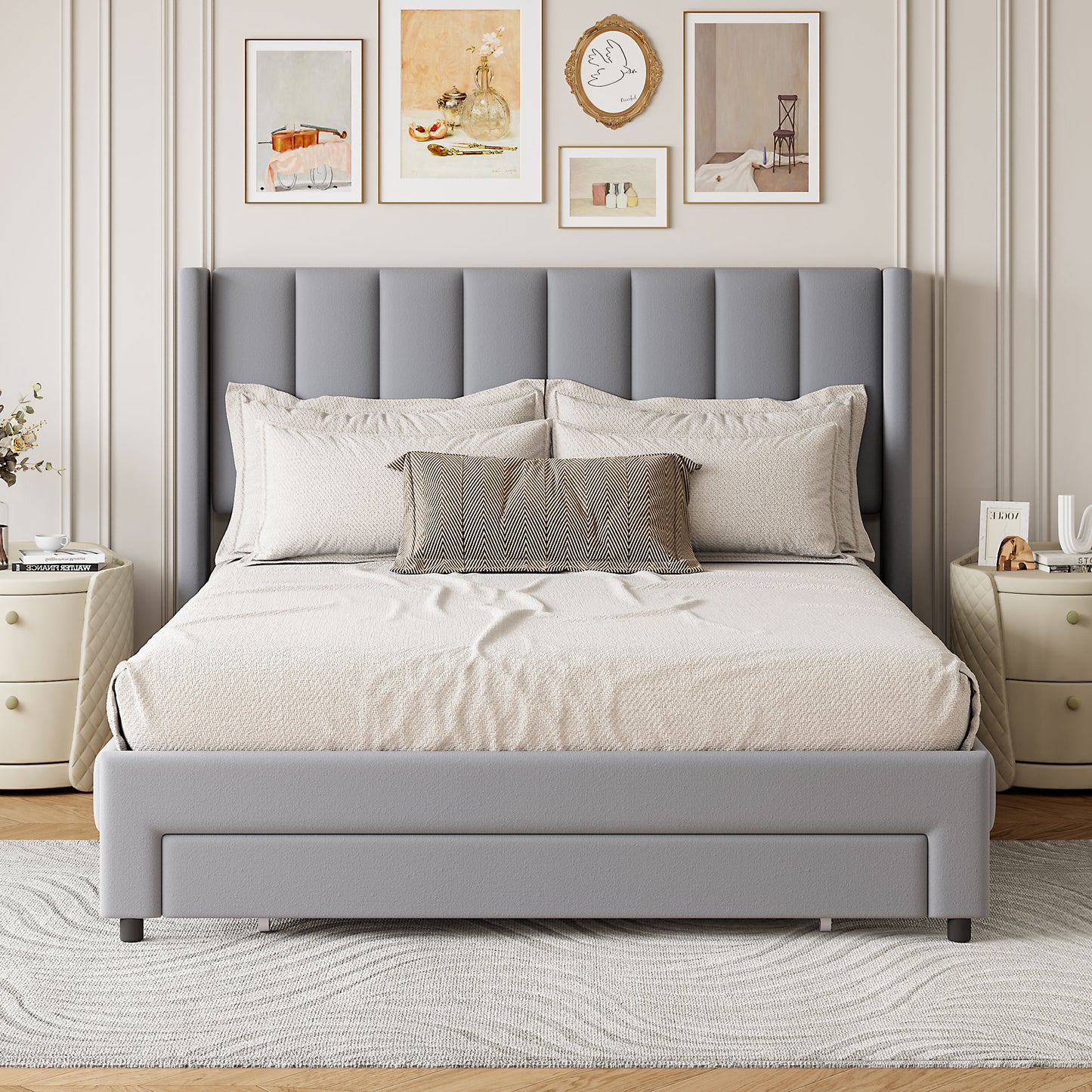 Full Size Storage Bed Velvet Upholstered Platform Bed with a Big Drawer - Gray