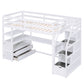 Twin Size Loft Bed with Desk and Shelves  Two Built-in Drawers  Storage Staircase White