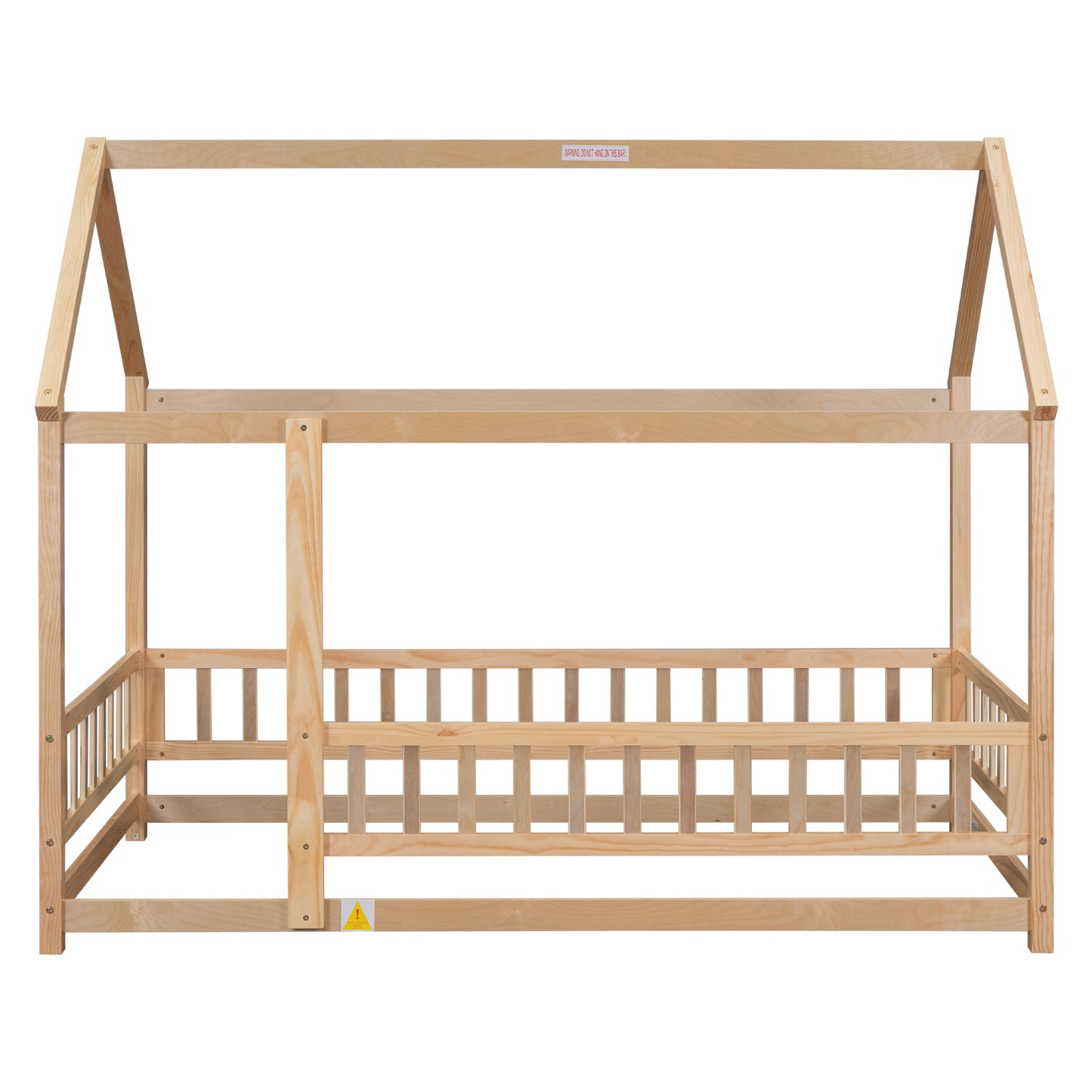 Twin Size Floor Wooden Bed with House Roof Frame, Fence Guardrails