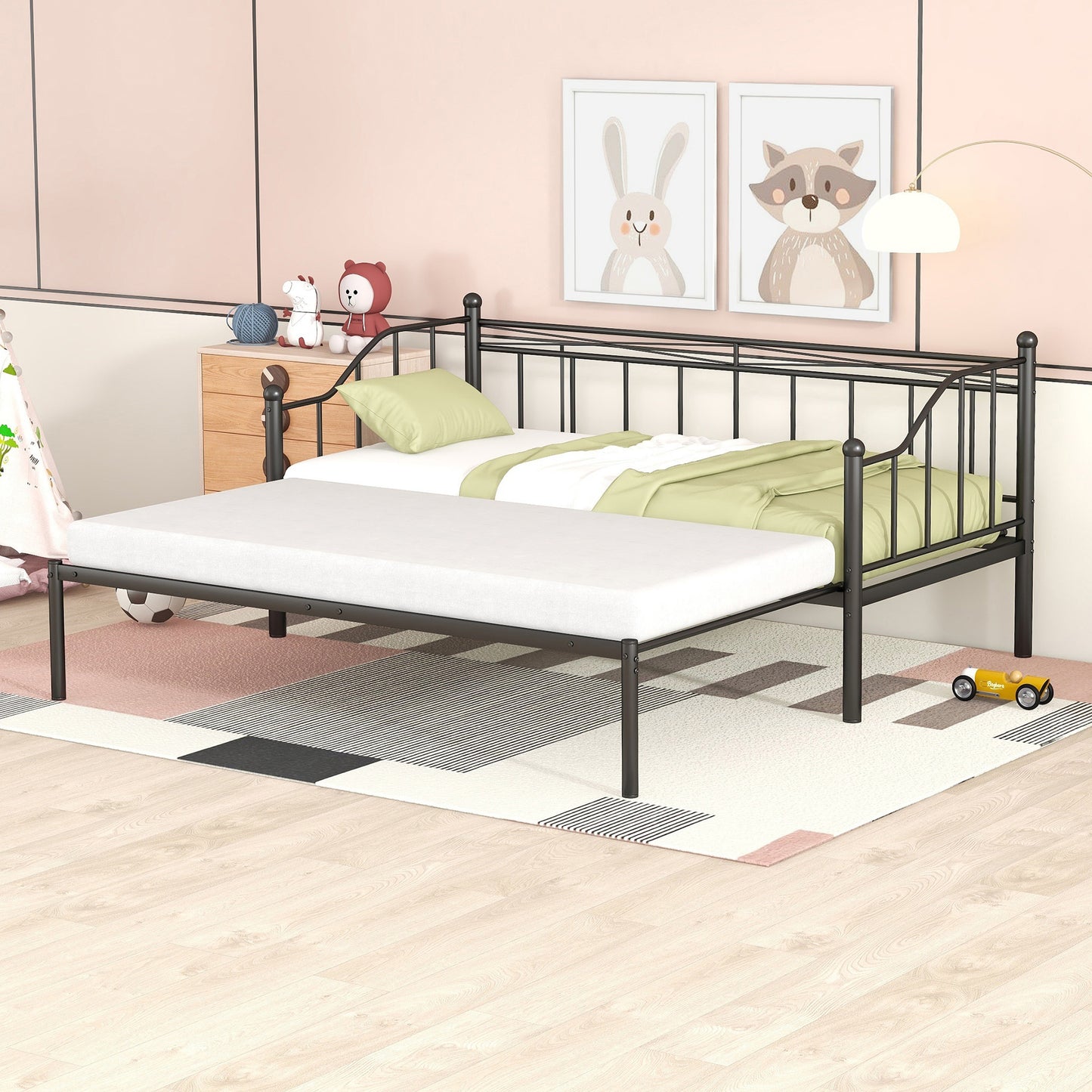 Twin Size Metal Daybed with Trundle Daybed with Slat No Box required Black