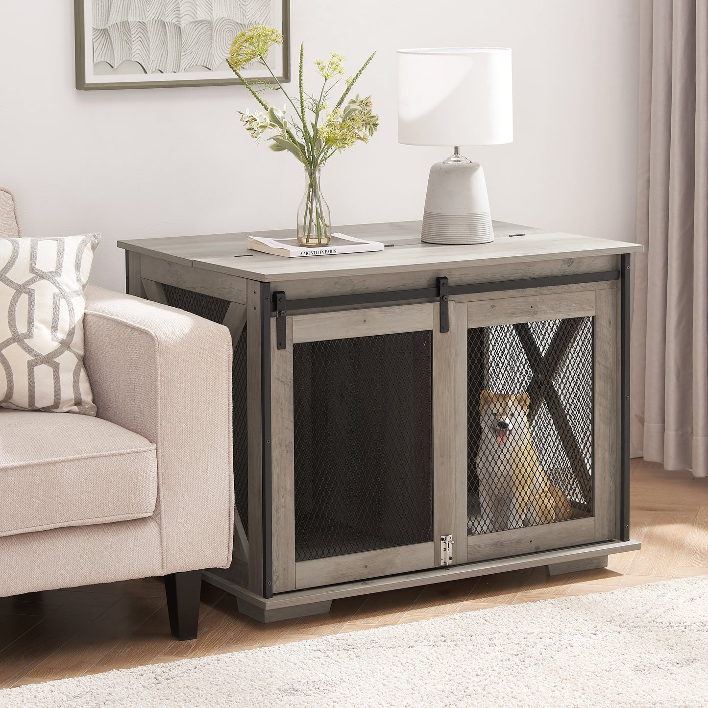 Farmhouse Dog Cage Crate Furniture with Sliding Barn Door, Farmhouse Wooden Dog Kennel End Table with Flip-top Plate Dog House