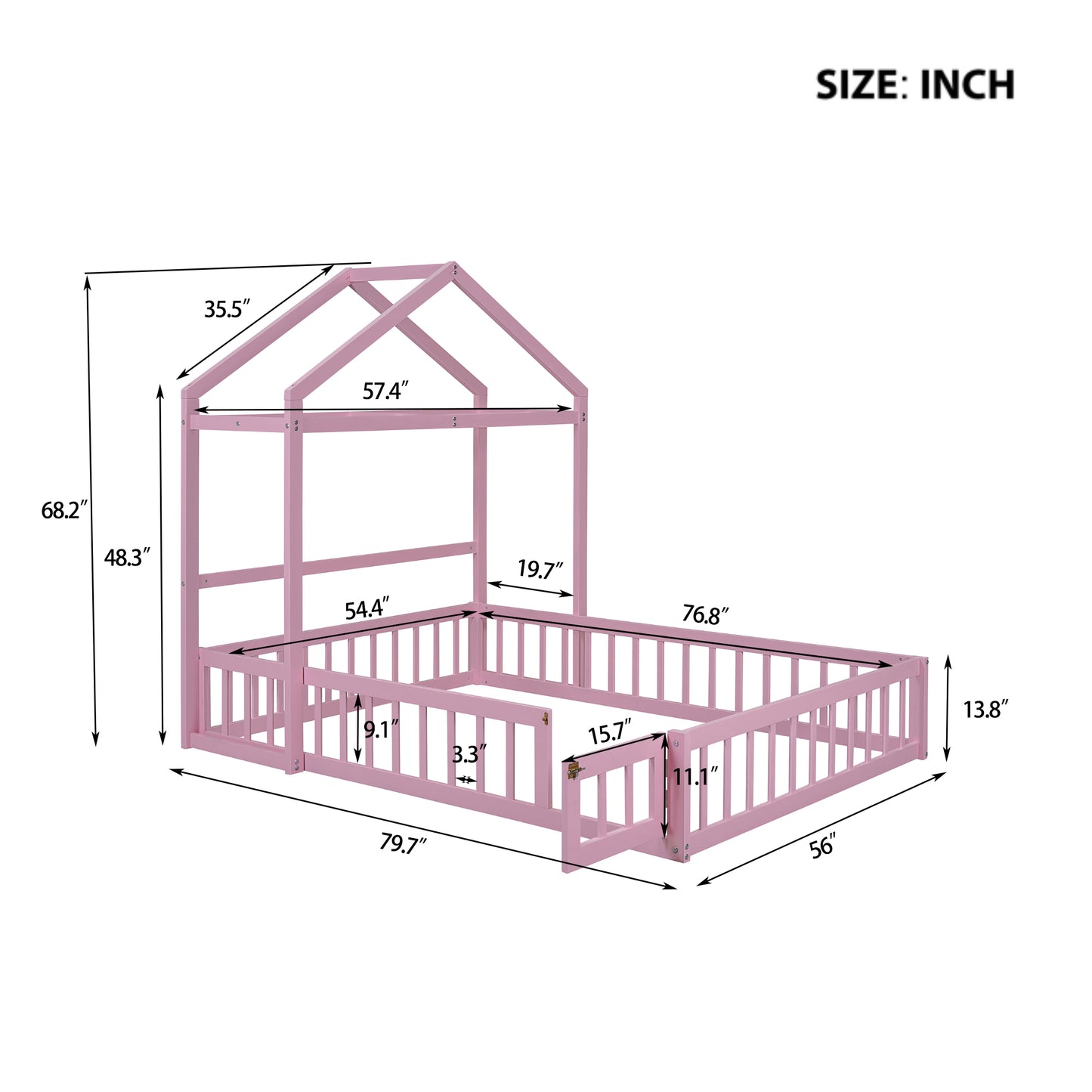 Wooden Full Size Children's Bed with Detachable Headboard and Integrated Clothes Drying Rack, Pink