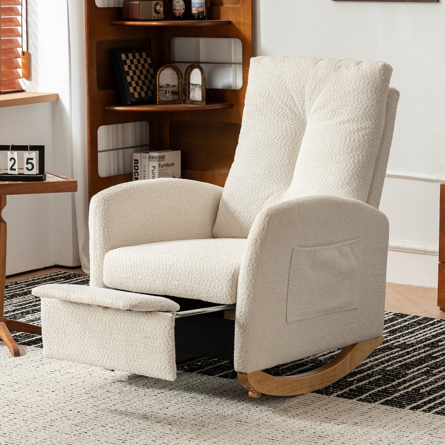 Accent Rocking  Chair with Footrest High Back Rubber Wood Rocking Legs Bedroom Living Space