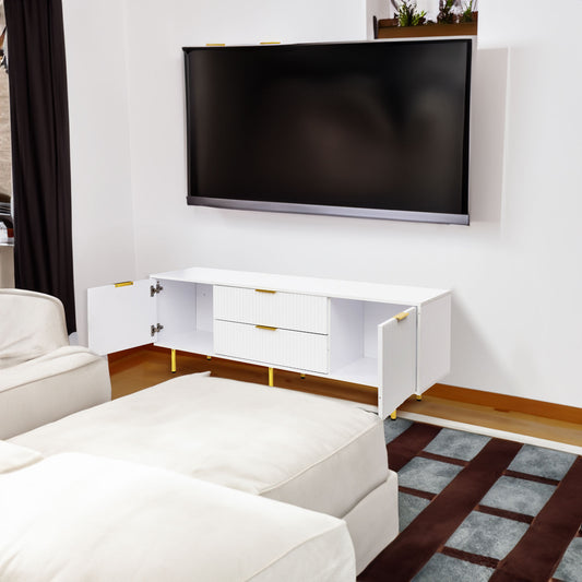 Mueble de TV moderno en blanco cálido, elegante centro de entretenimiento para salas de estar y dormitorios