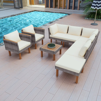 Juego de muebles de ratán para patio de 9 piezas con patas de madera de acacia, cojines lavables y mesa de centro, color beige