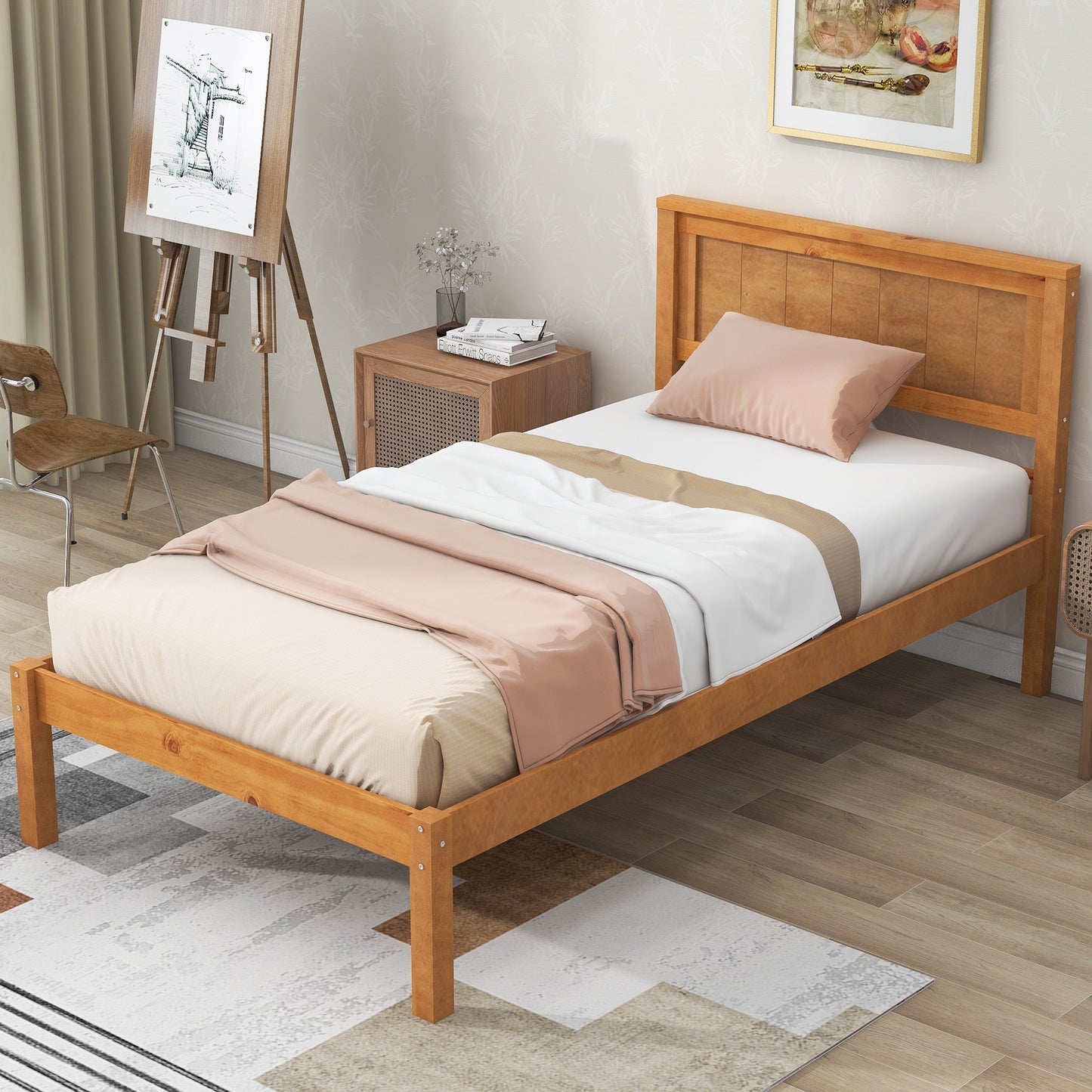 Platform Bed Frame with Headboard  Wood Slat Support  No Box Spring Needed Twin Oak