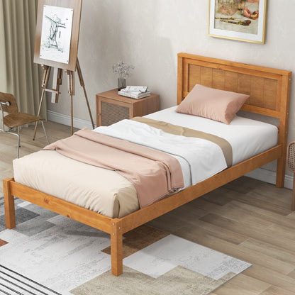 Platform Bed Frame with Headboard  Wood Slat Support  No Box Spring Needed Twin Oak