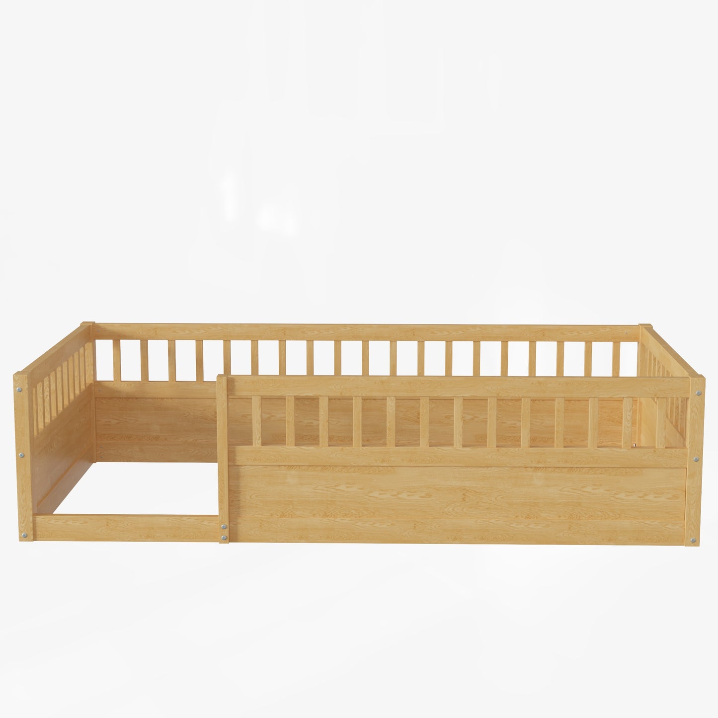 Twin Floor Bed Frame with Fence, Wood Kids Floor Beds Frame for Bedroom Playroom,Natural