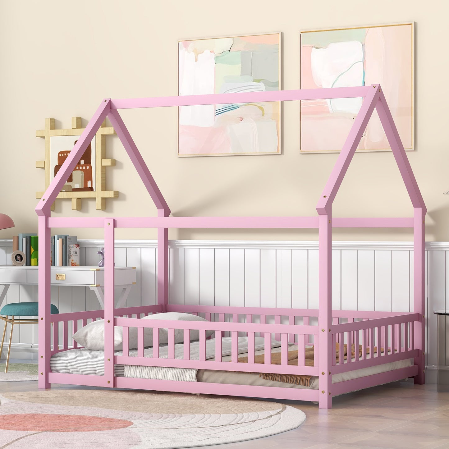 Full Size Floor Wooden Bed with House Roof Frame, Fence Guardrails ,Pink