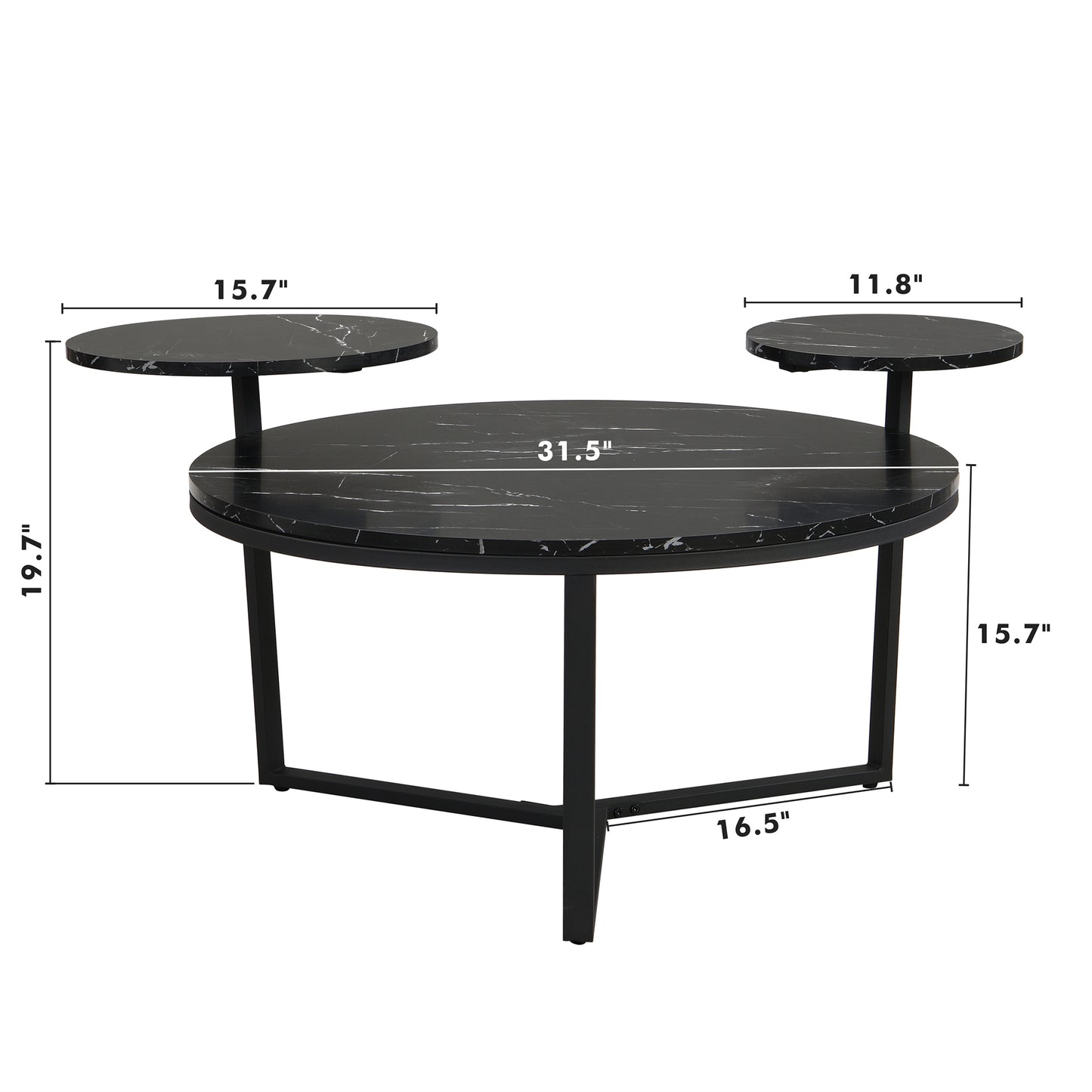 Modern coffee table with two display shelves, Black Faux marble surfaces, Tripod-inspired base,Rounded tabletop edges