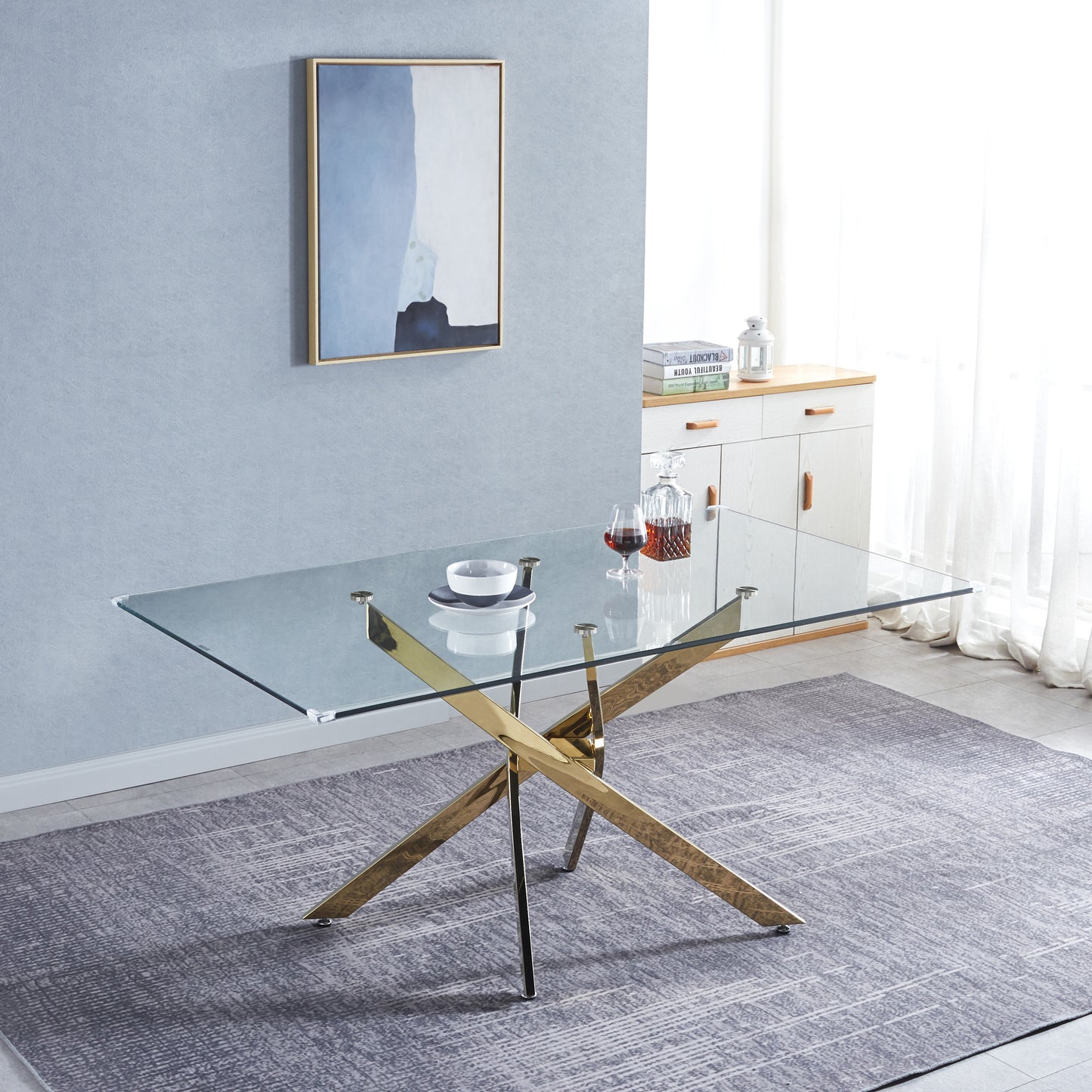 Mesa de comedor moderna de vidrio con tablero de vidrio templado de 0,39" de espesor y base de acero inoxidable cromado