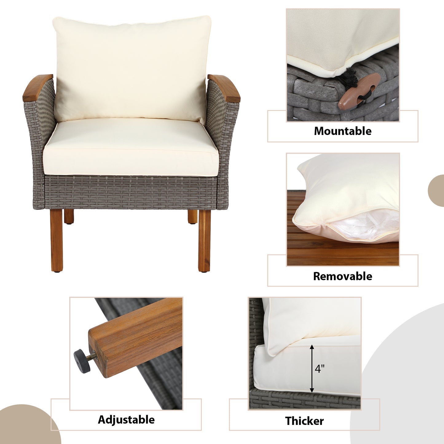 Juego de muebles de ratán para patio de 9 piezas con patas de madera de acacia, cojines lavables y mesa de centro, color beige