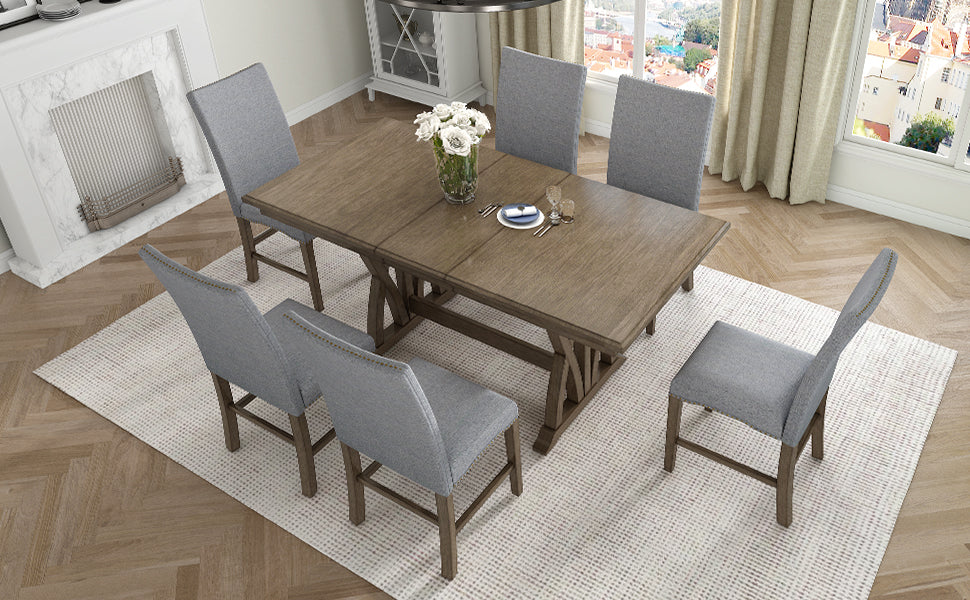 TOPMAX Mid-Century Solid Wood 7-Piece Expandable Dining Table Set with Soft Cushioned Chairs, Gold Brown and Gray