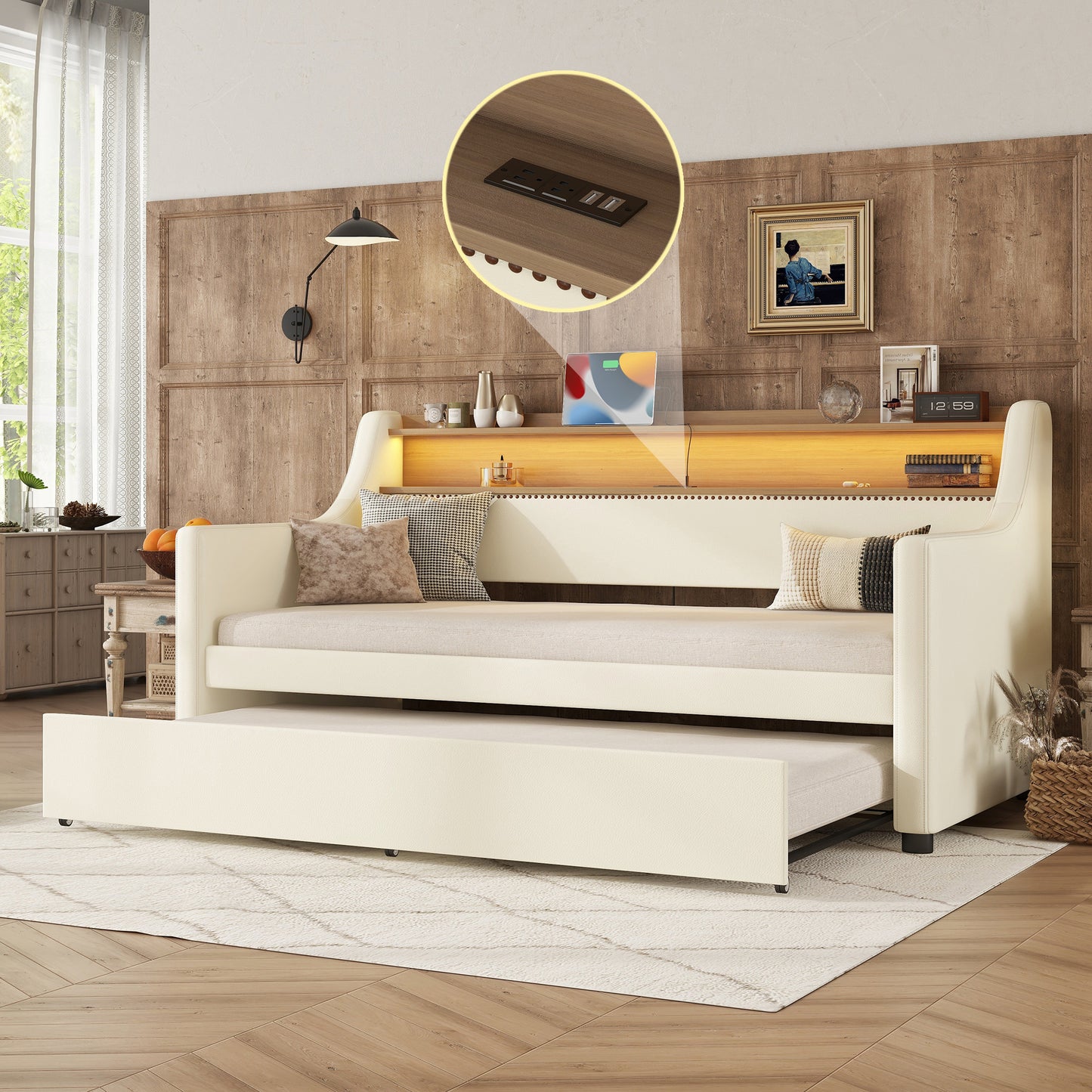 Twin Size Daybed with Trundle, Upholstered Daybed with Charging Station and LED Lights, White