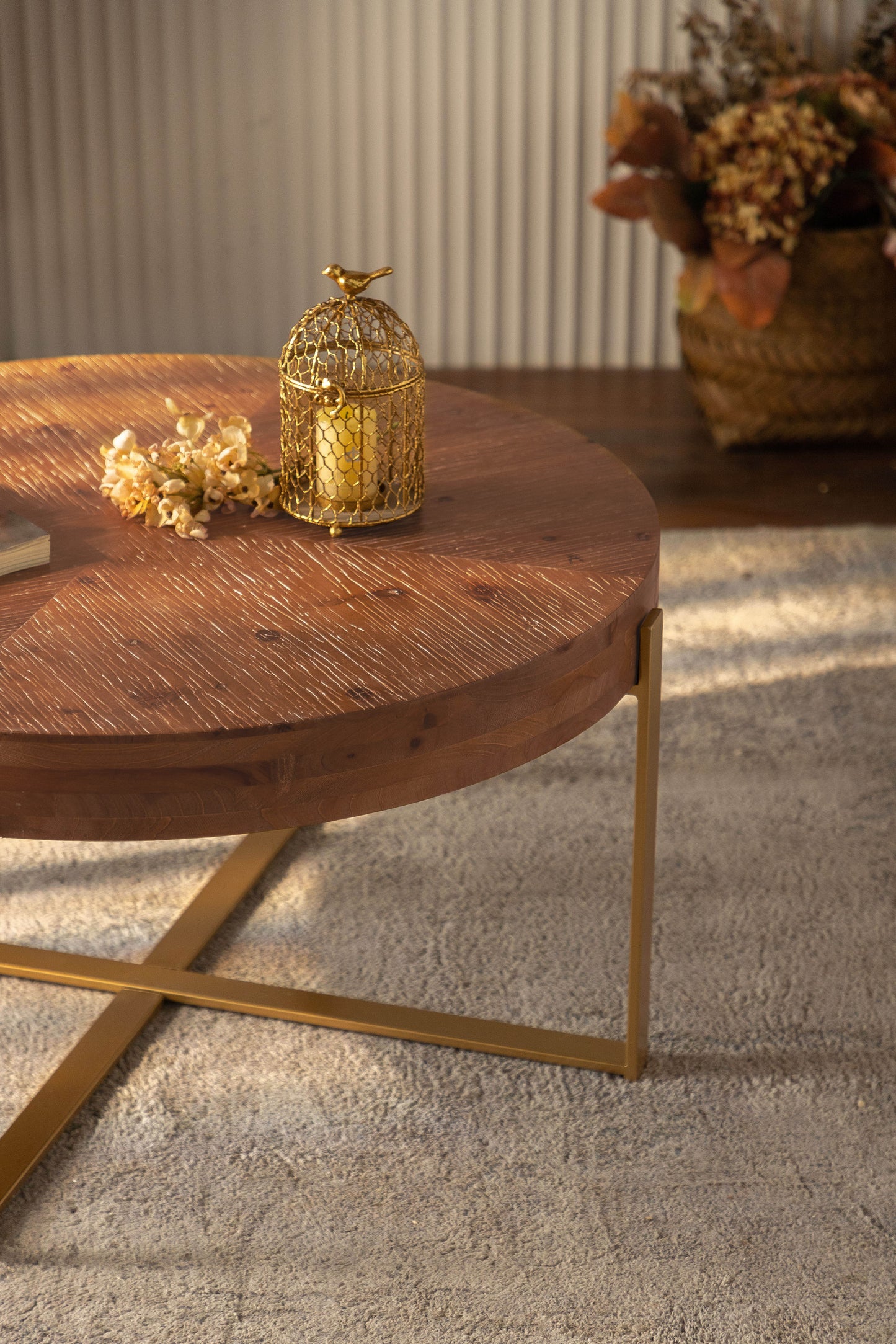 Modern Retro Splicing Round Coffee Table Fir Wood Table Top with Gold Cross Legs Base(Same SKU:W757126236)