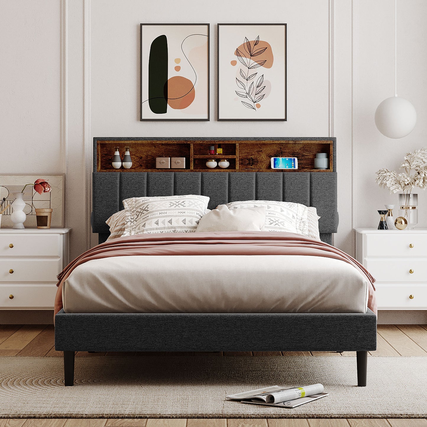 Full Size Upholstered Platform Bed with Storage Headboard and USB Port, Linen Fabric in Gray