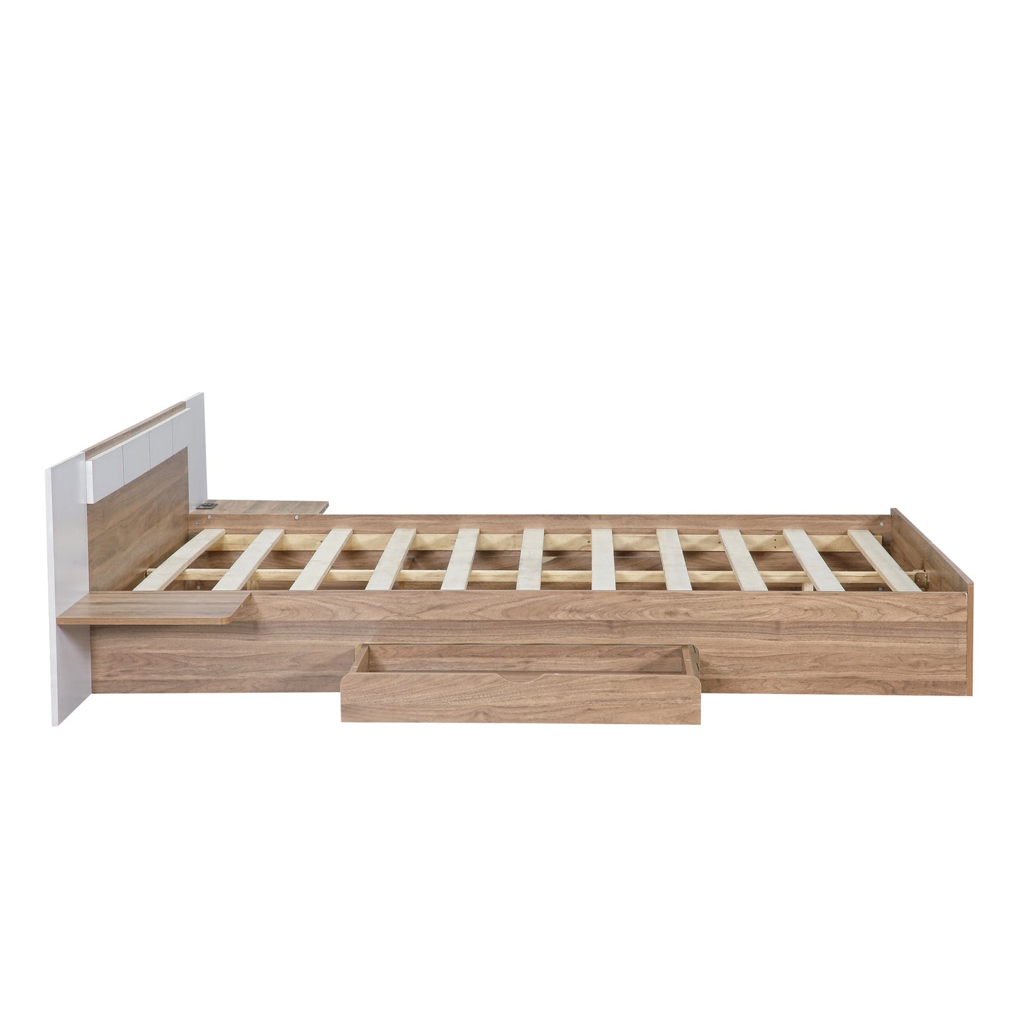 Queen Size Platform Bed with Headboard, Drawers, Shelves, USB Ports and Sockets, Natural