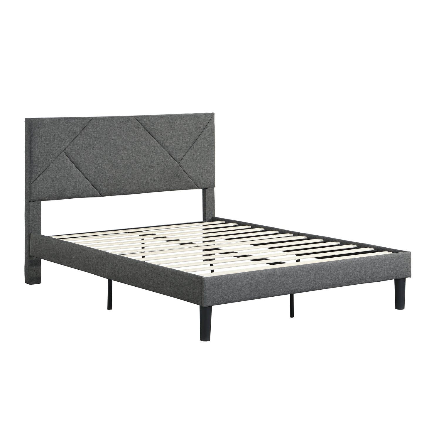 Queen Size Upholstered Platform Bed Frame Wood Slat Support Grey