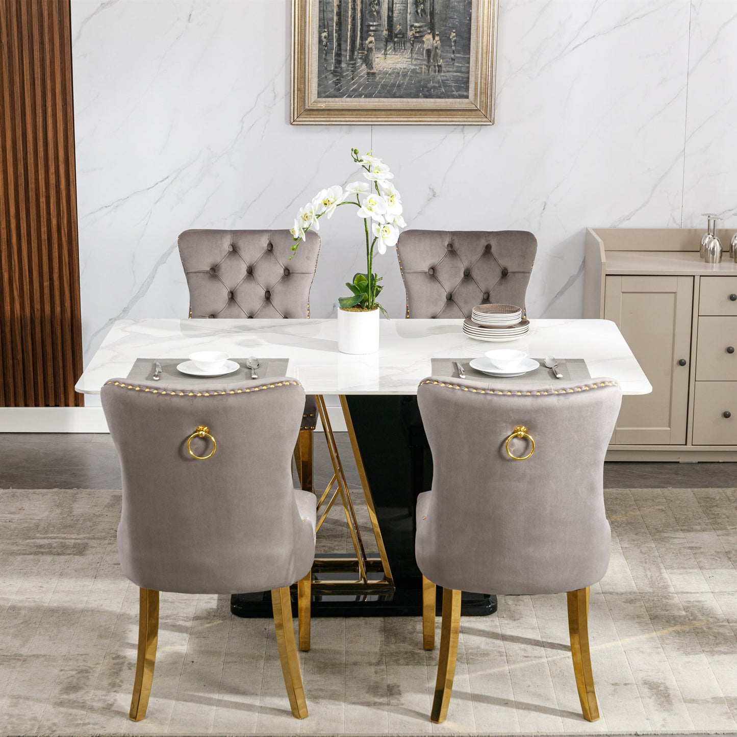 Tufted solid wood velvet cushioned dining chair, gold-plated stainless steel nail leg heads, 2 pieces in gray and gold