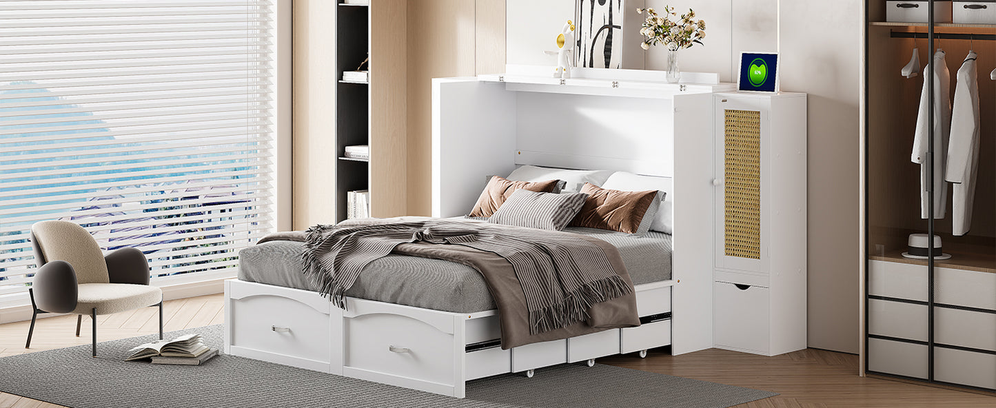 Cama plegable grande con cajones, gabinetes de almacenamiento y puertos USB, acabado blanco