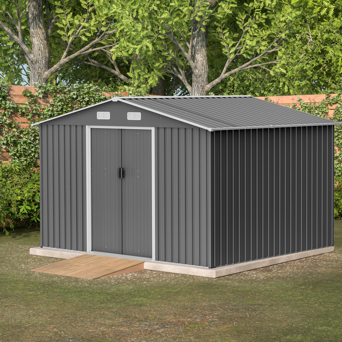 10X8 FT outdoor tool storage shed with metal foundation and lockable door, all-weather metal shed, gray