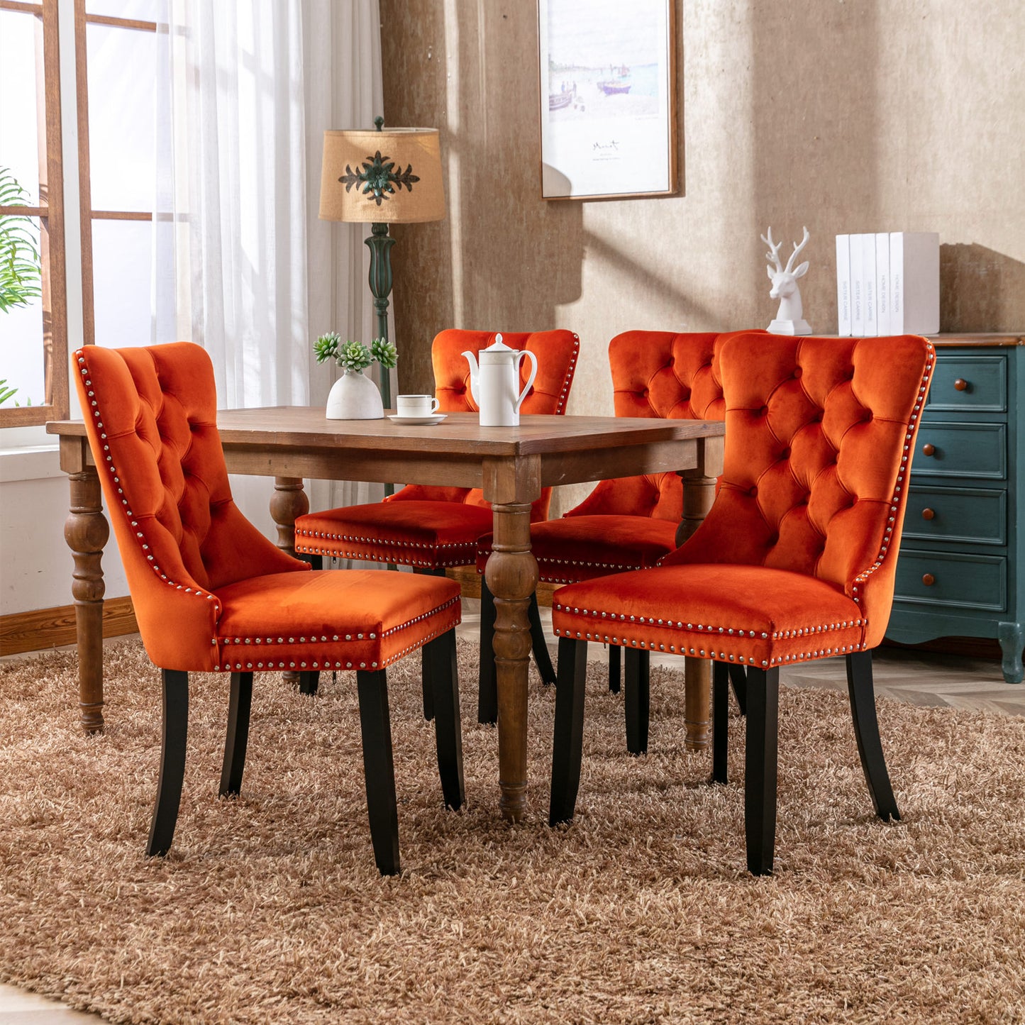 High-end Tufted Solid Wood Contemporary Velvet Upholstered Dining Chair with Wood Legs Nailhead Trim 2-Pcs Set Orange