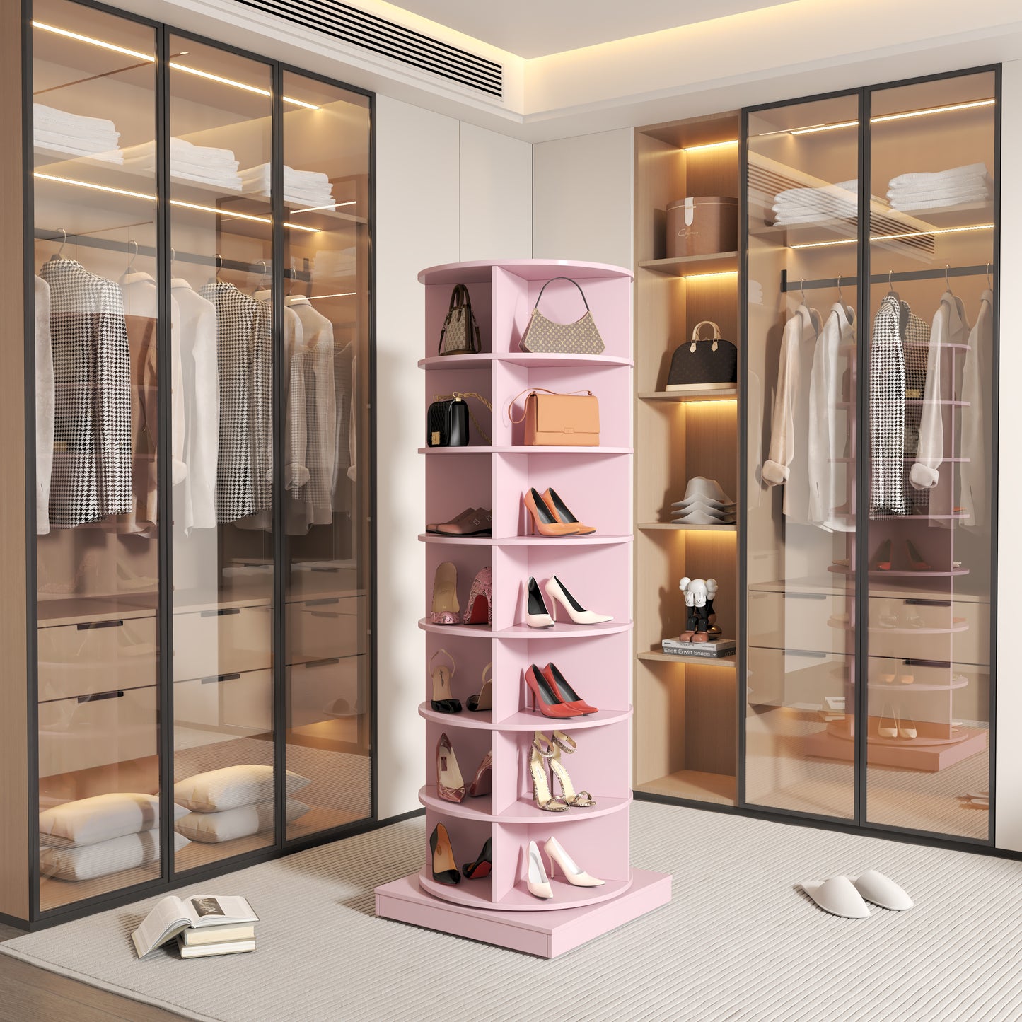 New 360-Degree Pink Rotating Shoe Cabinet with 7 Layers, Holds Up to 28 Pairs of Shoes