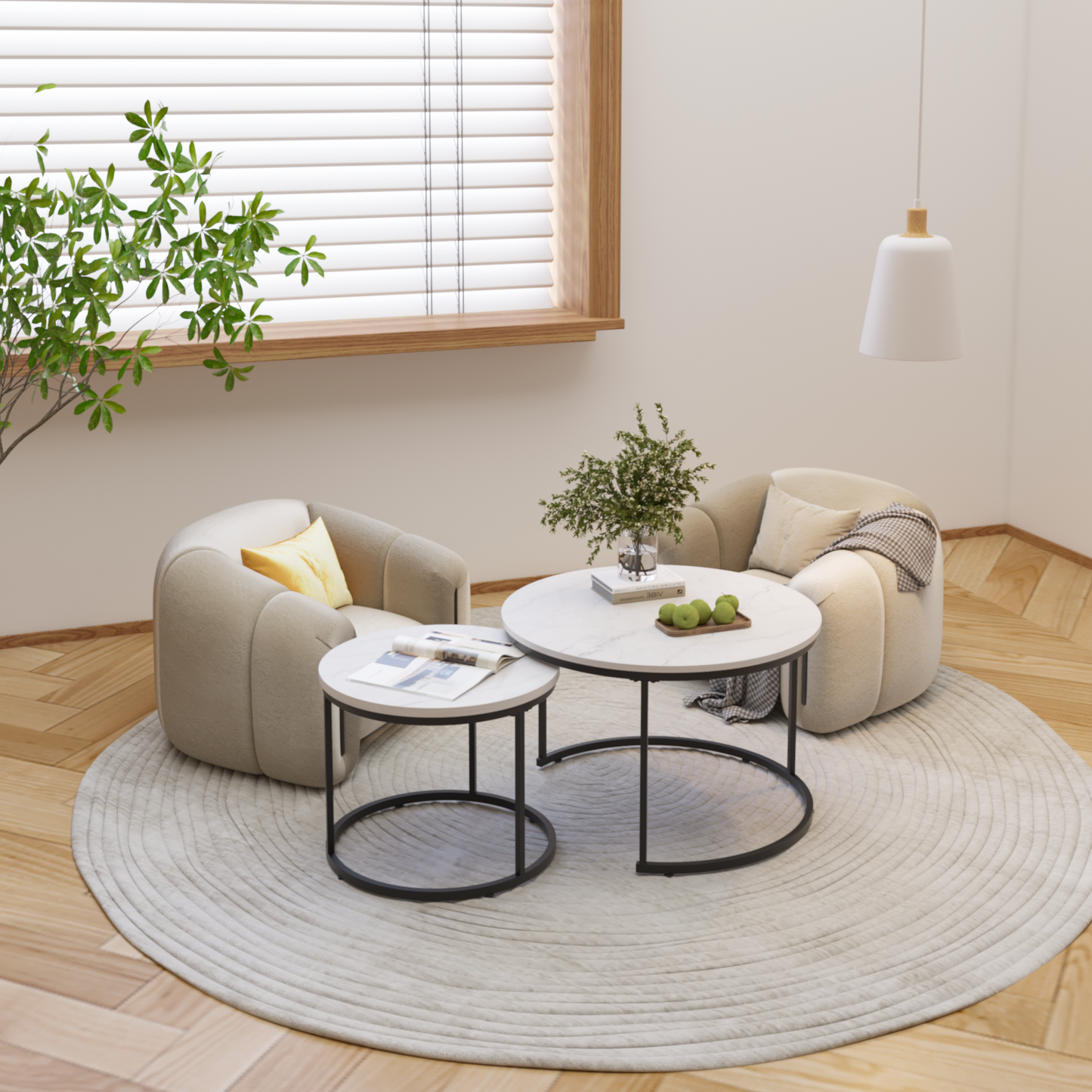 A set of nested 27.6-inch circular coffee tables with a wooden marble patterned tabletop and a sturdy metal frame (white)