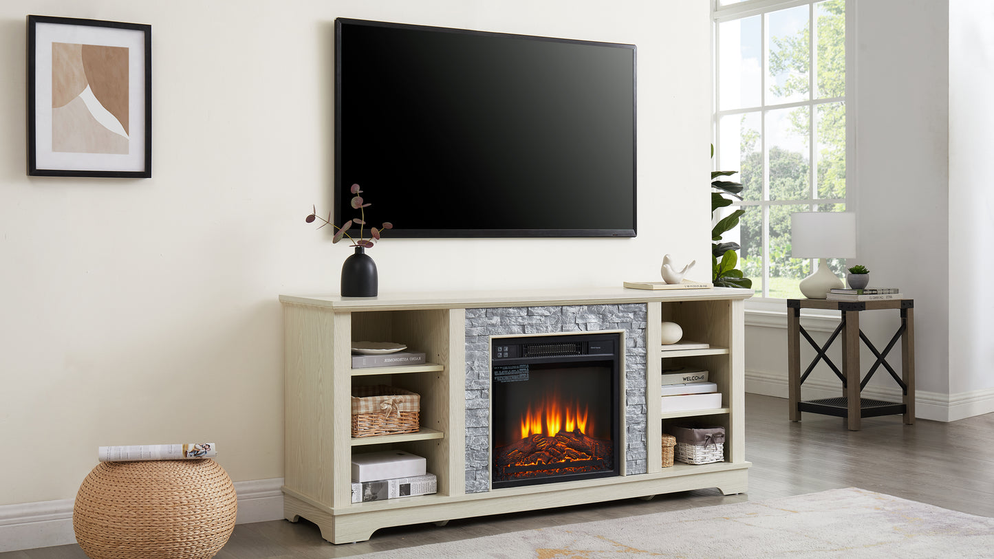 Mantel Electric Fireplace Stone TV Media Stand with Open Storage Console and 18-Inch Fireplace Insert, White