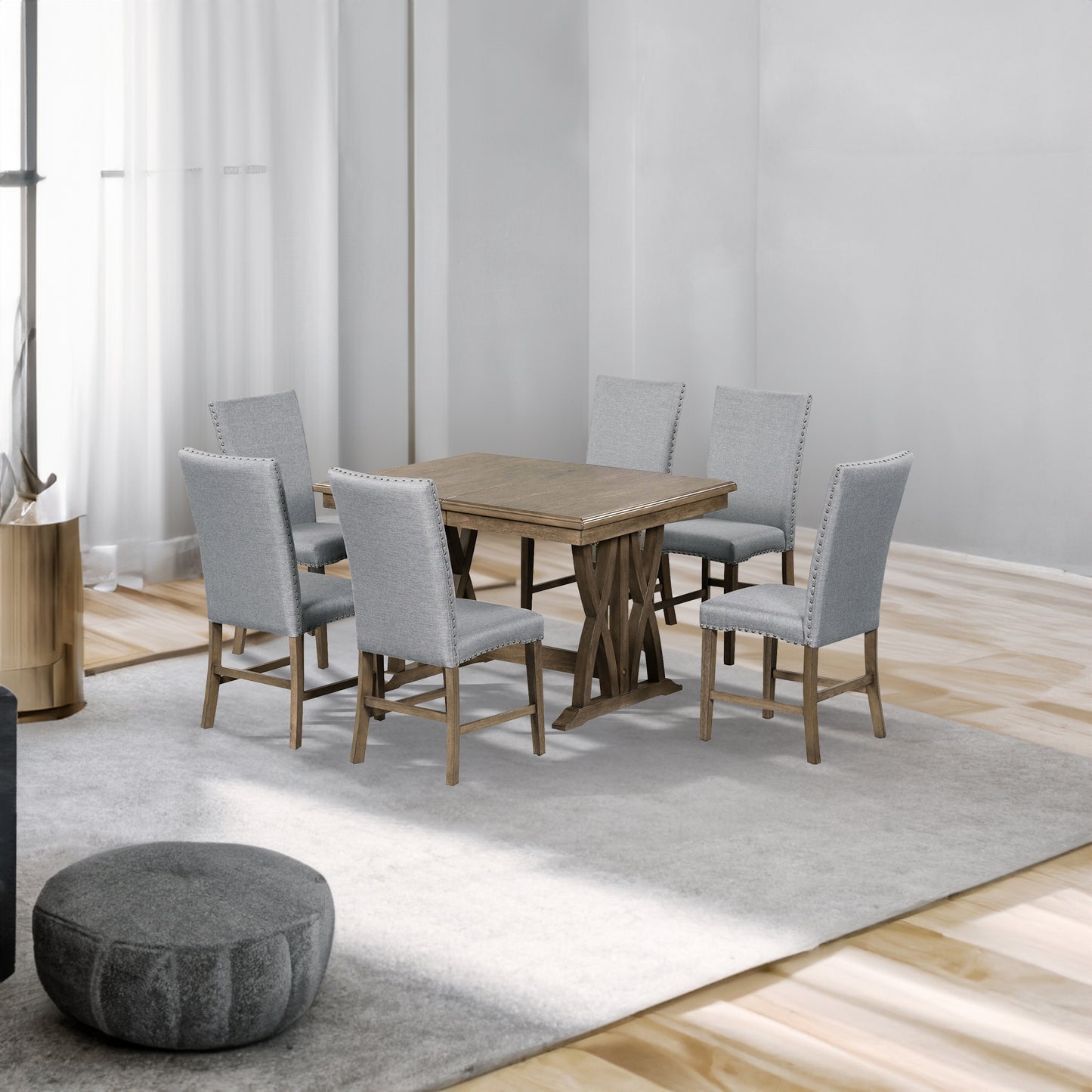 Juego de mesa de comedor expandible de 7 piezas de madera maciza TOPMAX de mediados de siglo con sillas con cojines suaves, marrón dorado y gris