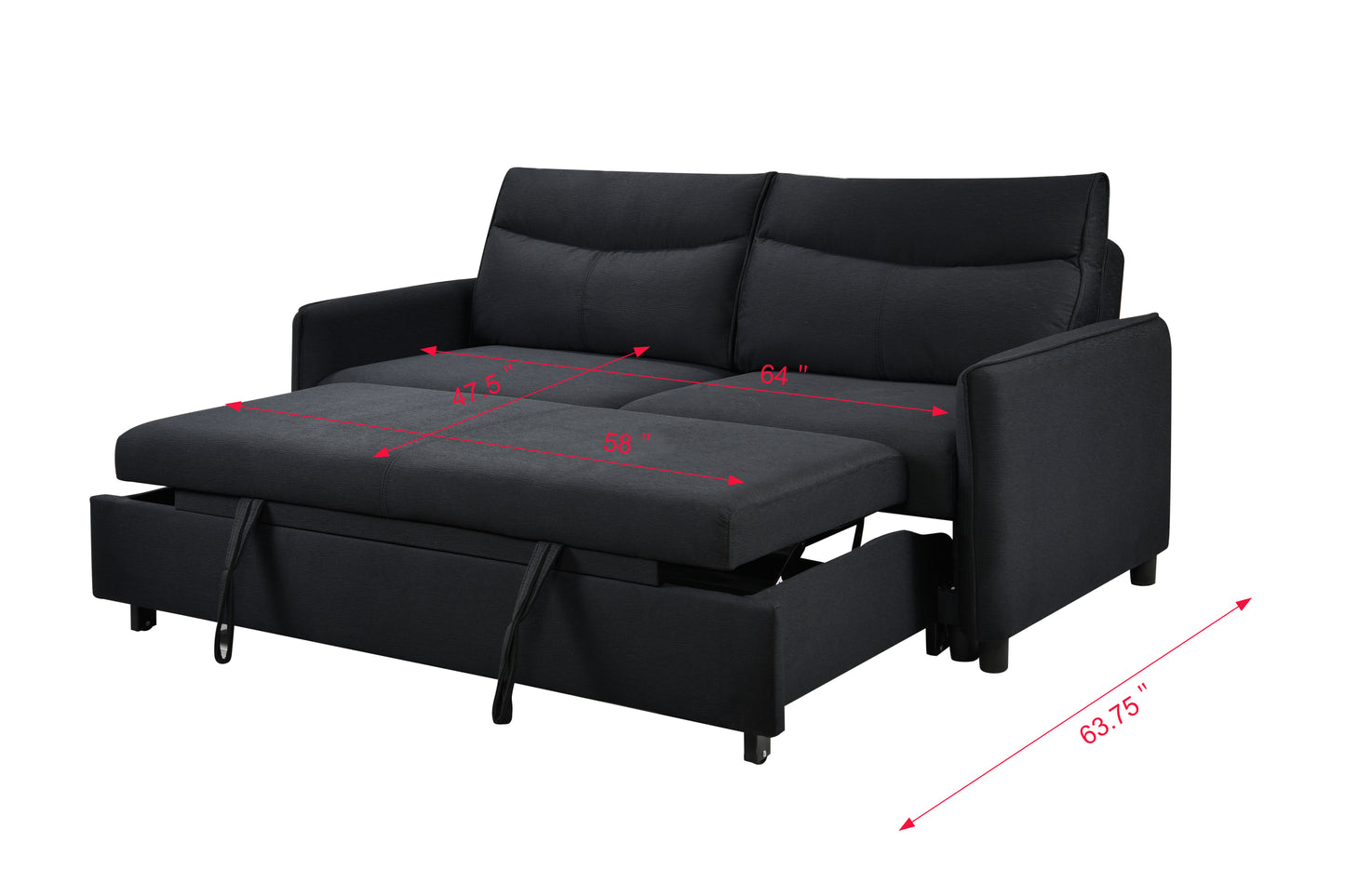 3-in-1 Convertible Sleeper Sofa Bed, Modern Fabric Loveseat with Pullout Bed, Perfect for Small Spaces, Black