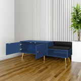 Modern Shoe Storage Bench with Hidden Storage and Upholstered Cushions, Navy Finish