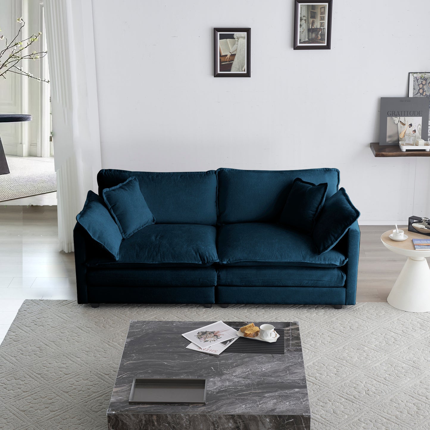 Modern Fabric Loveseat Sofa Couch for Living Room, Upholstered Large Size Deep Seat 2-Seat Sofa with 4 Pillows ,Blue Chenille