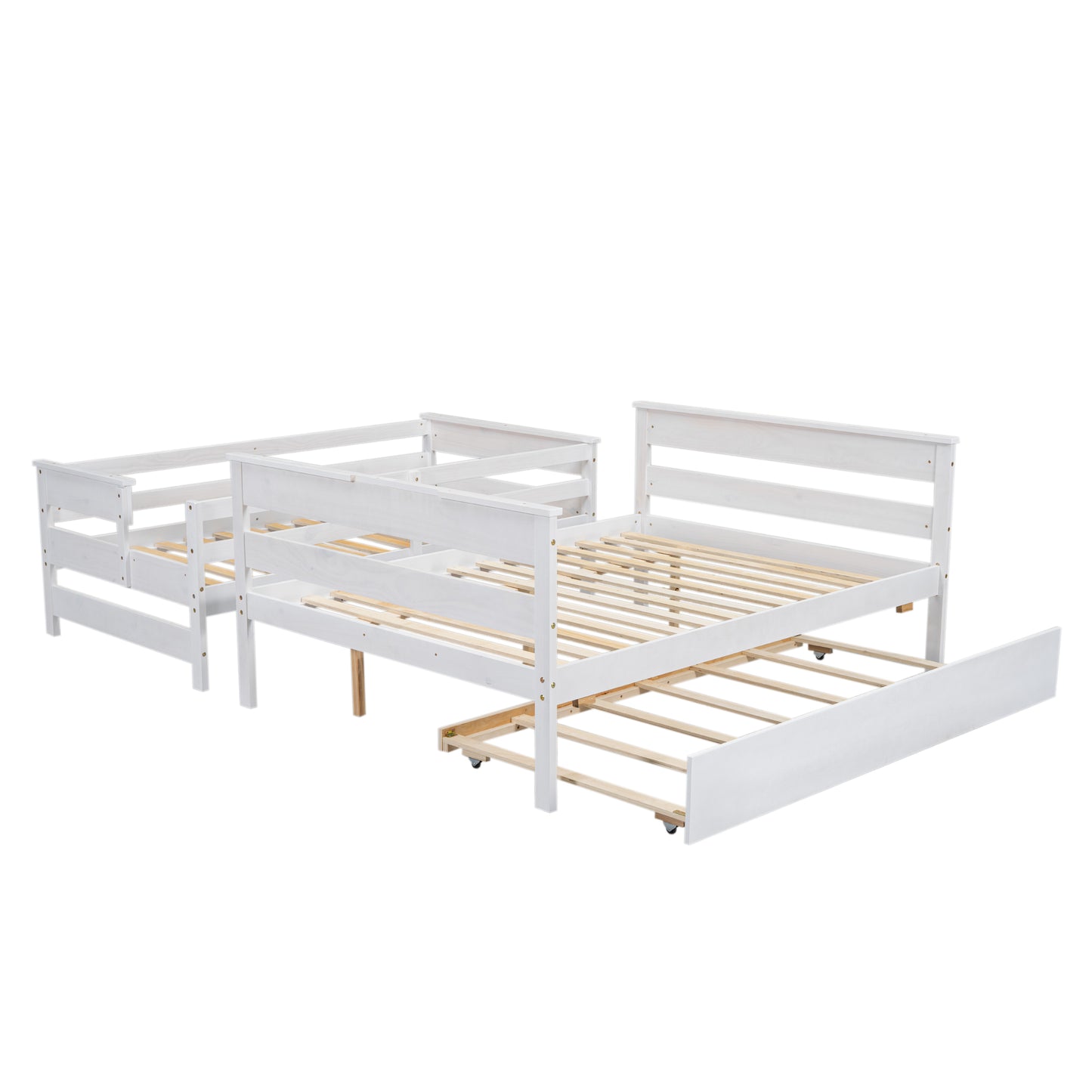 Litera de madera de dos plazas sobre cama matrimonial con cama nido de dos plazas, acabado blanco