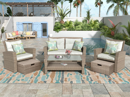 U-Style 4-Piece Patio Furniture Set, All-Weather Wicker Sectional Sofa with Ottoman and Cushions