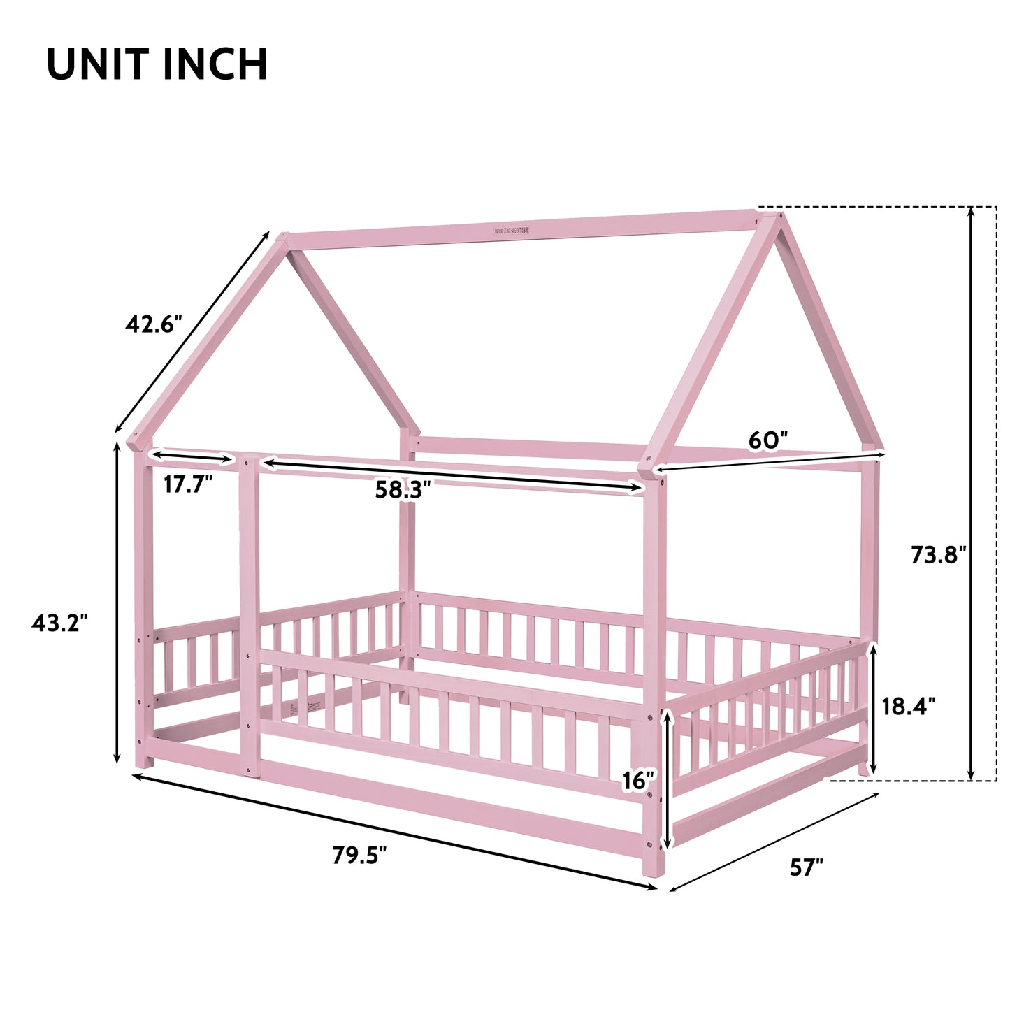 Full Size Floor Wooden Bed with House Roof Frame, Fence Guardrails ,Pink